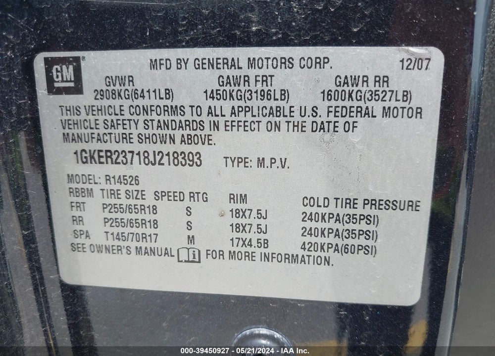 2008 GMC ACADIA VIN: 1GKER23718J218393