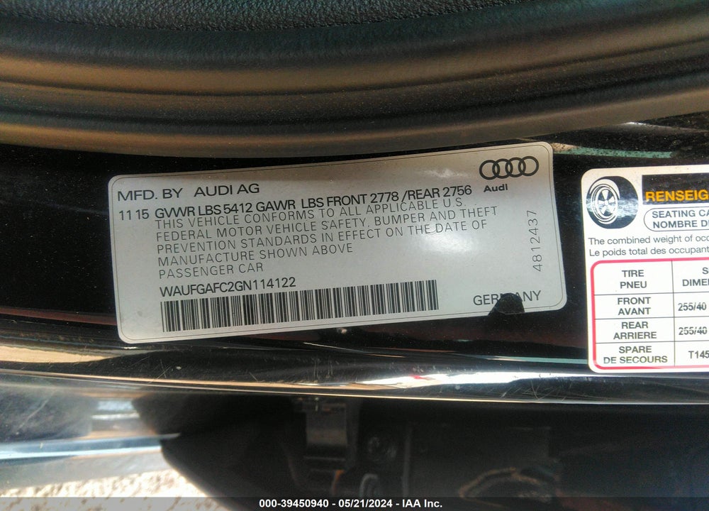 2016 AUDI A6 3.0T PREMIUM PLUS VIN: WAUFGAFC2GN114122