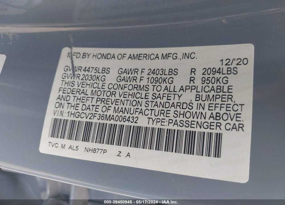 2021 HONDA ACCORD SPORT 2.0T VIN: 1HGCV2F36MA006432