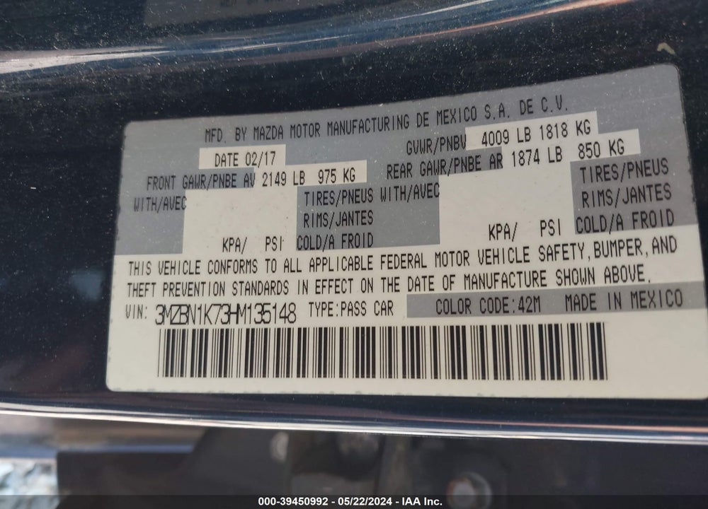 2017 MAZDA 3 SPORT VIN: 3MZBN1K73HM135148