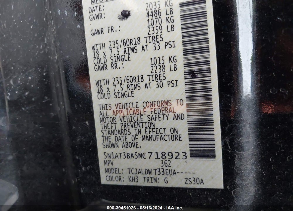 2021 NISSAN ROGUE SV FWD VIN: 5N1AT3BA5MC718923