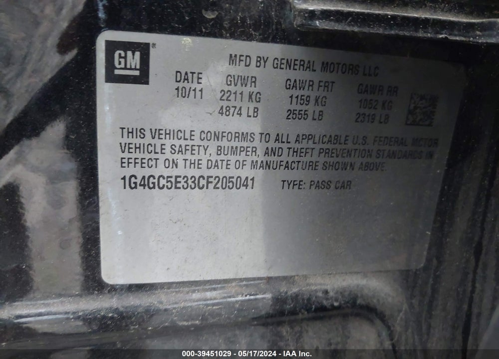 2012 BUICK LACROSSE LEATHER GROUP VIN: 1G4GC5E33CF205041