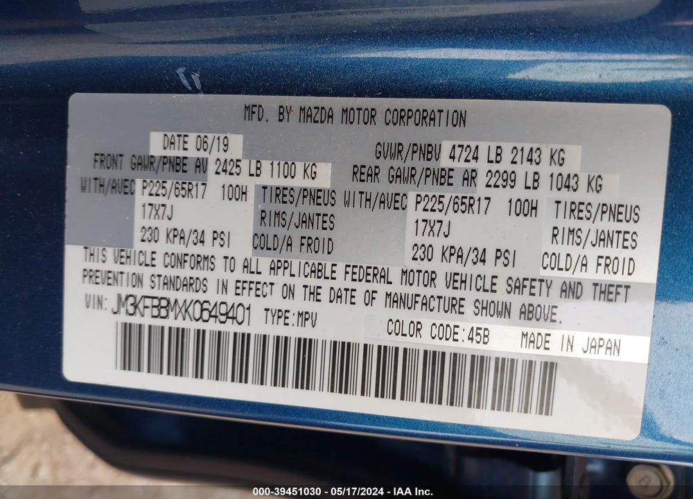 2019 MAZDA CX-5 SPORT VIN: JM3KFBBMXK0649401