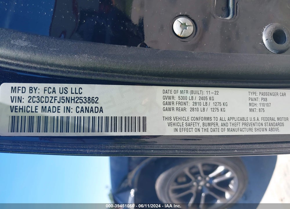 2022 DODGE CHALLENGER VIN: 2C3CDZFJ5NH253862