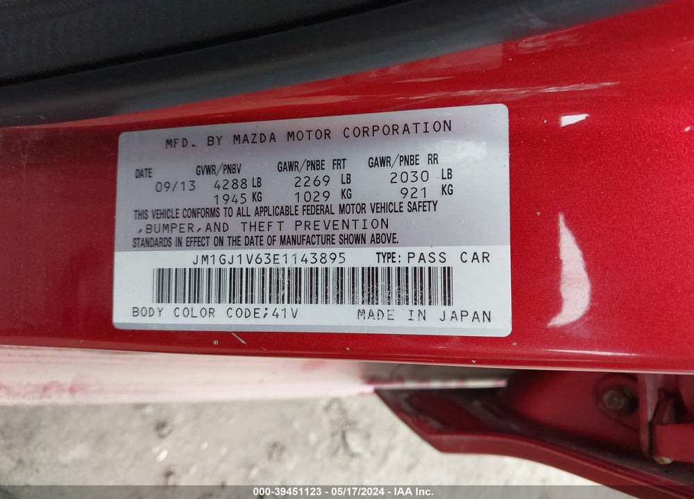 2014 MAZDA 6 I TOURING VIN: JM1GJ1V63E1143895