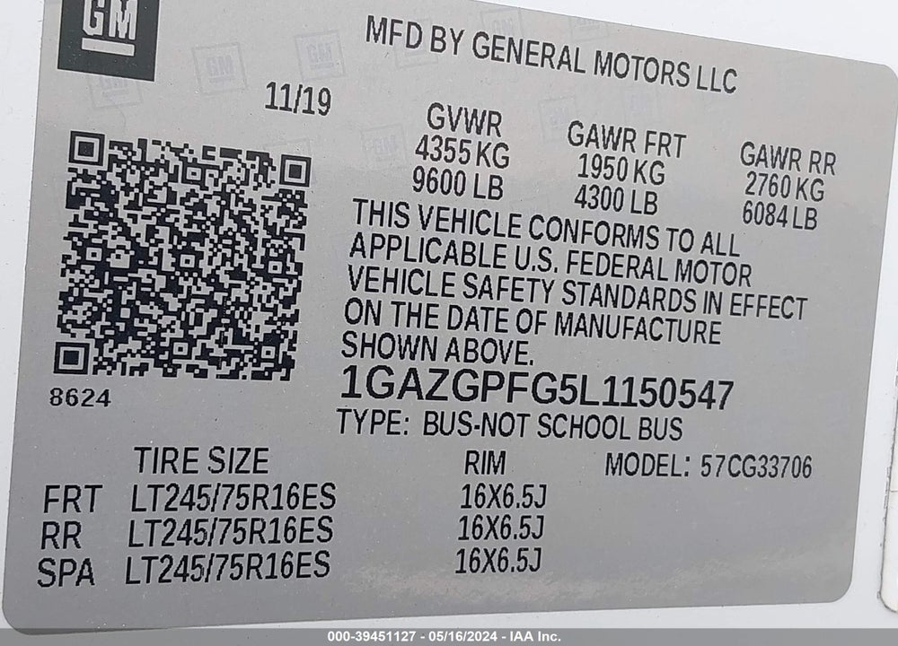 2020 CHEVROLET EXPRESS PASSENGER RWD 3500 EXTENDED WHEELBASE LT VIN: 1GAZGPFG5L1150547