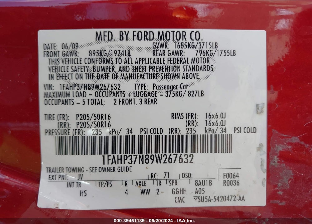 2009 FORD FOCUS SEL VIN: 1FAHP37N89W267632