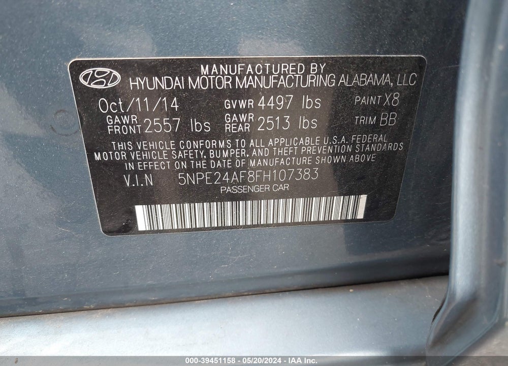 2015 HYUNDAI SONATA SE VIN: 5NPE24AF8FH107383