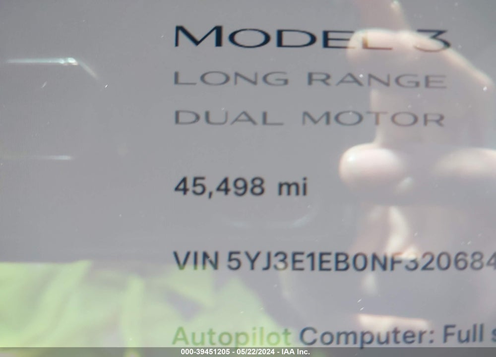 2022 TESLA MODEL 3 LONG RANGE DUAL MOTOR ALL-WHEEL DRIVE VIN: 5YJ3E1EB0NF320684