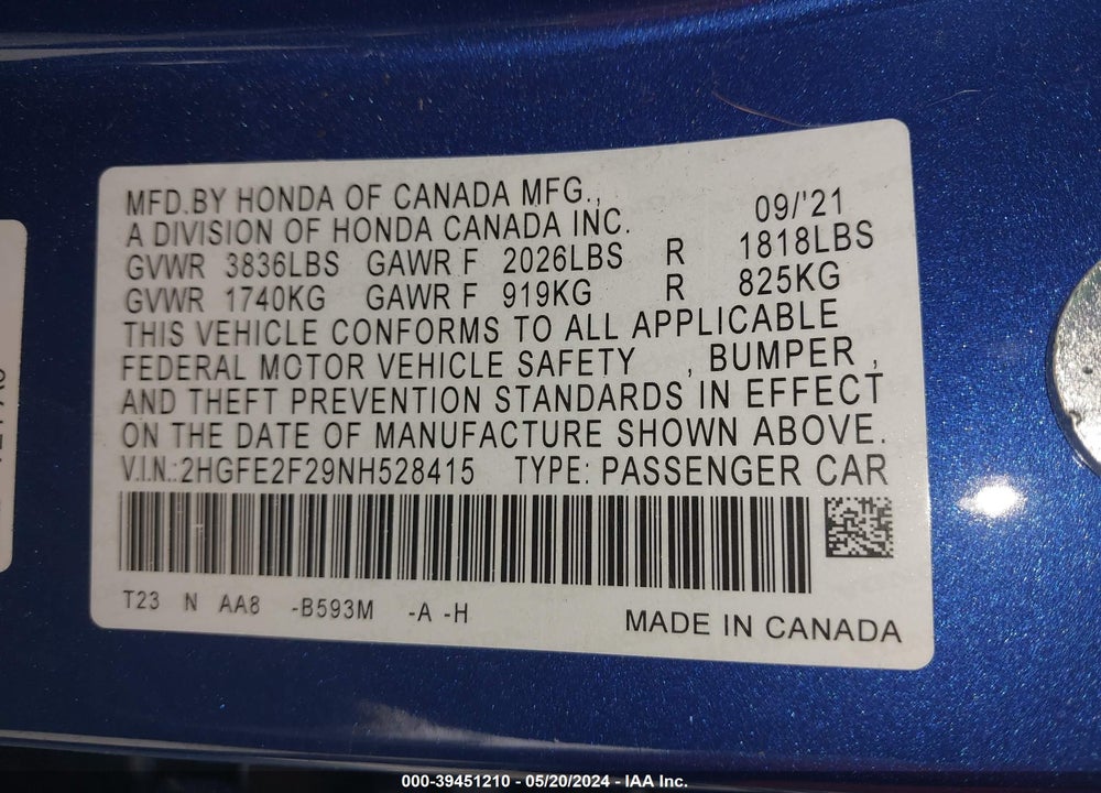2022 HONDA CIVIC LX VIN: 2HGFE2F29NH528415