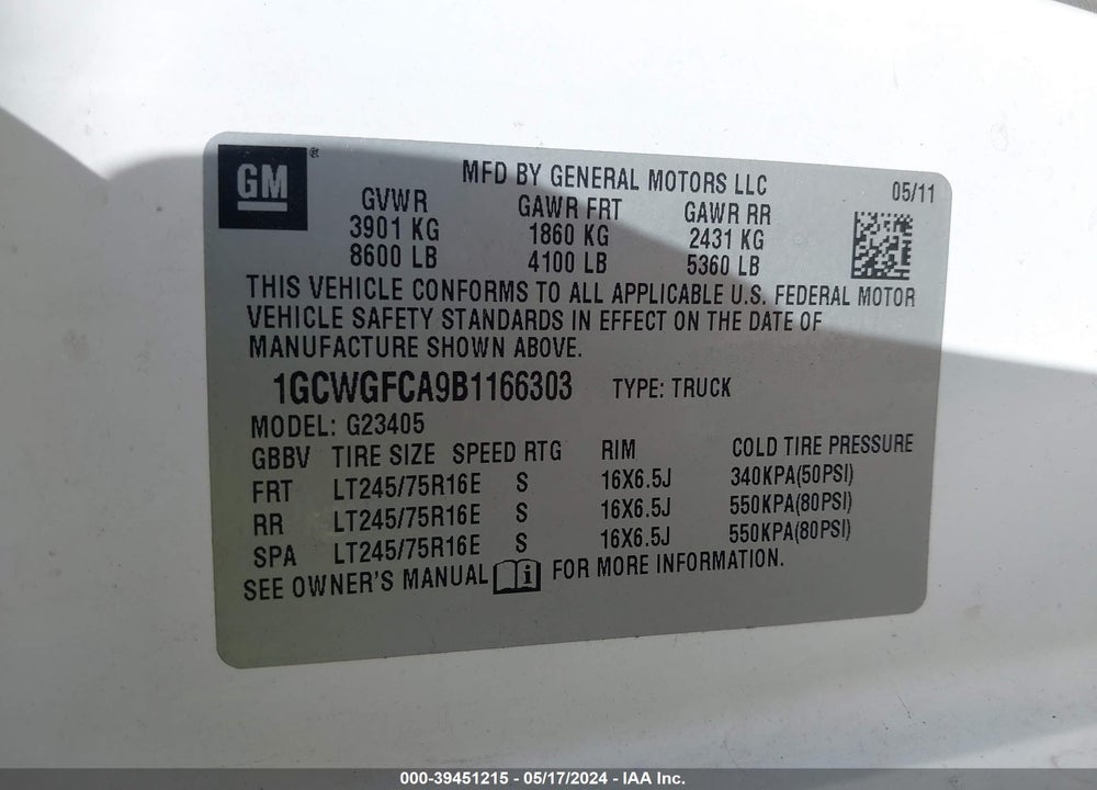 2011 CHEVROLET EXPRESS 2500 WORK VAN VIN: 1GCWGFCA9B1166303