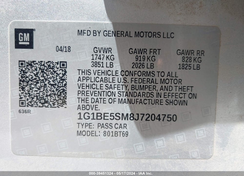 2018 CHEVROLET CRUZE LT AUTO VIN: 1G1BE5SM8J7204750