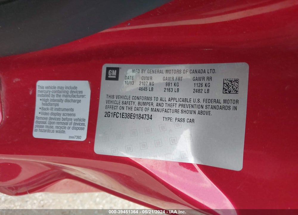 2014 CHEVROLET CAMARO 2LT VIN: 2G1FC1E38E9184734