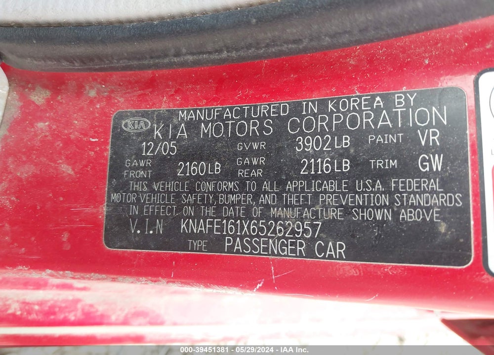 2006 KIA SPECTRA5 VIN: KNAFE161X65262957