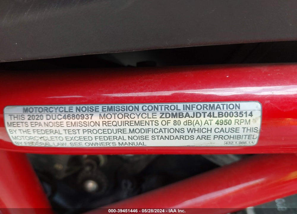 2020 DUCATI HYPERMOTARD 950/950 SP VIN: ZDMBAJDT4LB003514