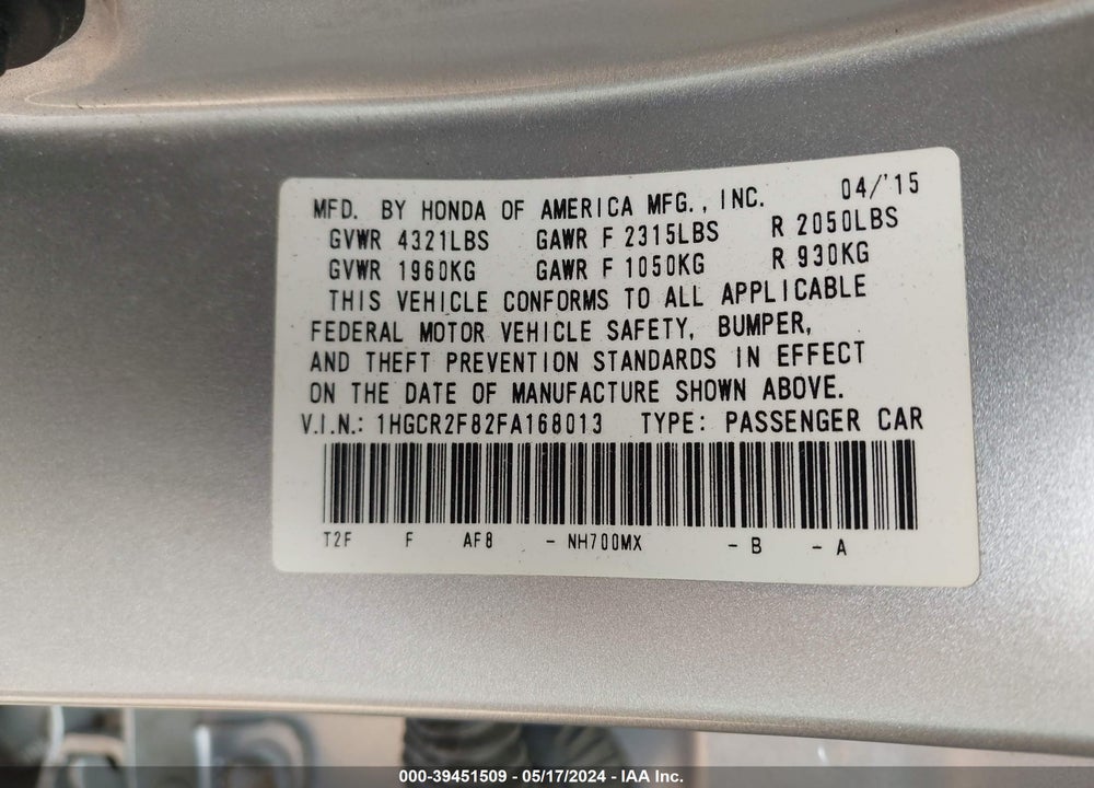 2015 HONDA ACCORD EX-L VIN: 1HGCR2F82FA168013