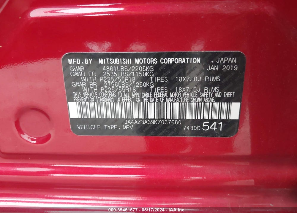 2019 MITSUBISHI OUTLANDER ES/LE/SE/SEL VIN: JA4AZ3A39KZ037660