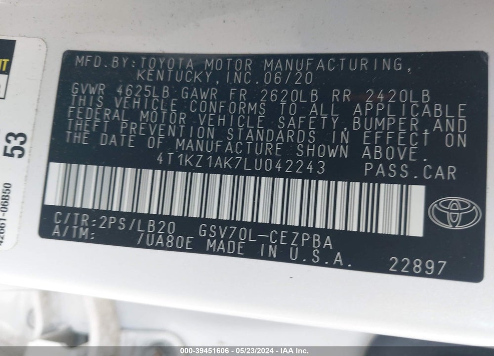 2020 TOYOTA CAMRY XSE V6 VIN: 4T1KZ1AK7LU042243