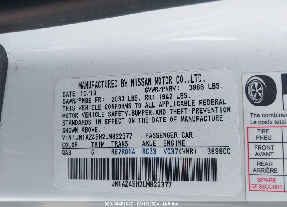 2020 NISSAN 370Z 7-SPEED AUTOMATIC VIN: JN1AZ4EH2LM822377