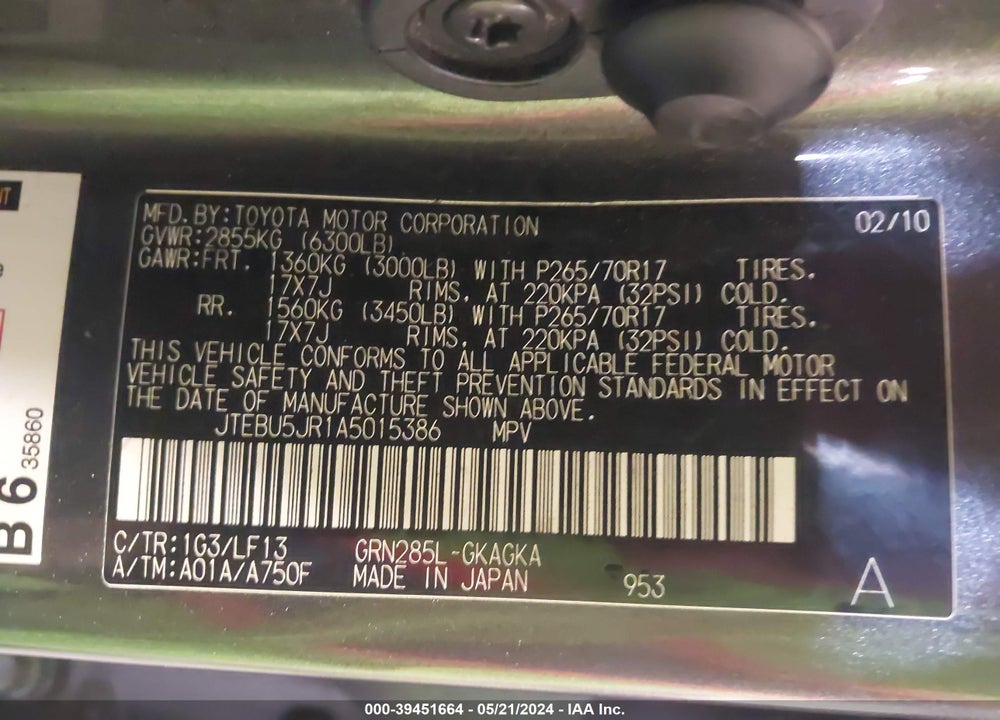 2010 TOYOTA 4RUNNER SR5 V6 VIN: JTEBU5JR1A5015386