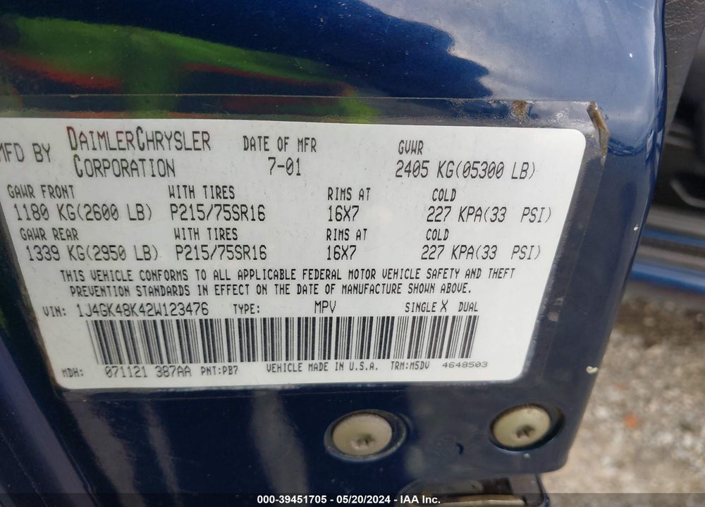 2002 JEEP LIBERTY SPORT VIN: 1J4GK48K42W123476