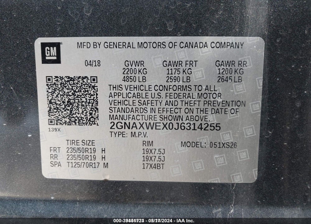 2018 CHEVROLET EQUINOX PREMIER VIN: 2GNAXWEX0J6314255