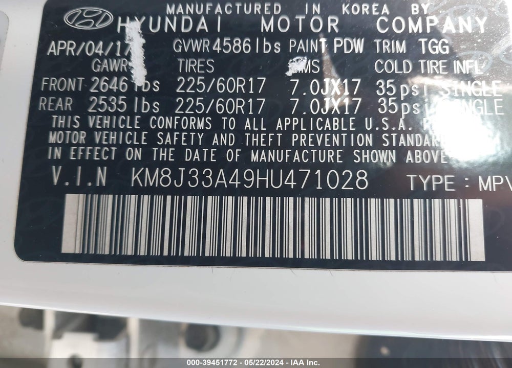 2017 HYUNDAI TUCSON SE VIN: KM8J33A49HU471028