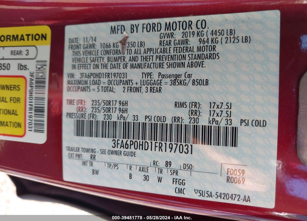 2015 FORD FUSION SE VIN: 3FA6P0HD1FR197031
