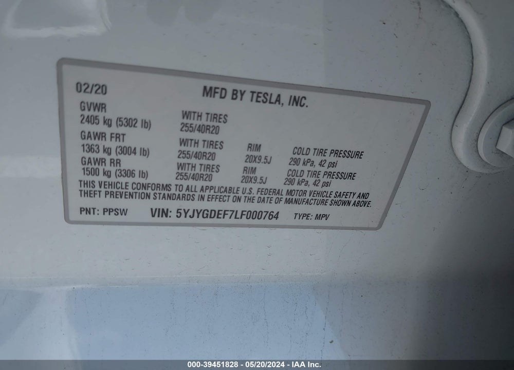 2020 TESLA MODEL Y LONG RANGE DUAL MOTOR ALL-WHEEL DRIVE/PERFORMANCE DUAL MOTOR ALL-WHEEL DRIVE VIN: 5YJYGDEF7LF000764