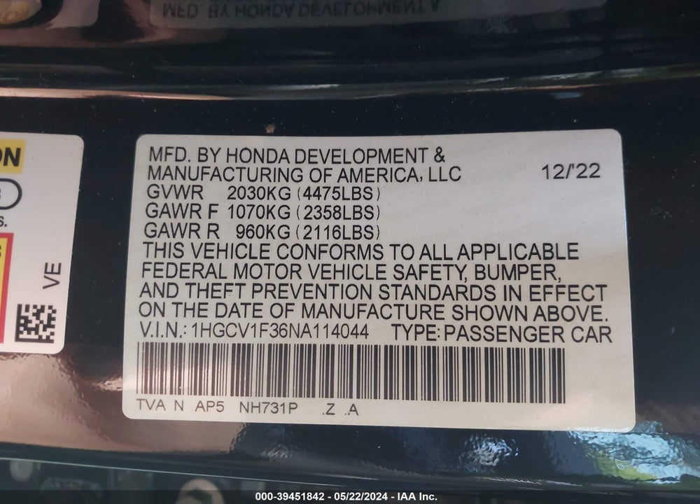 2022 HONDA ACCORD SPORT VIN: 1HGCV1F36NA114044