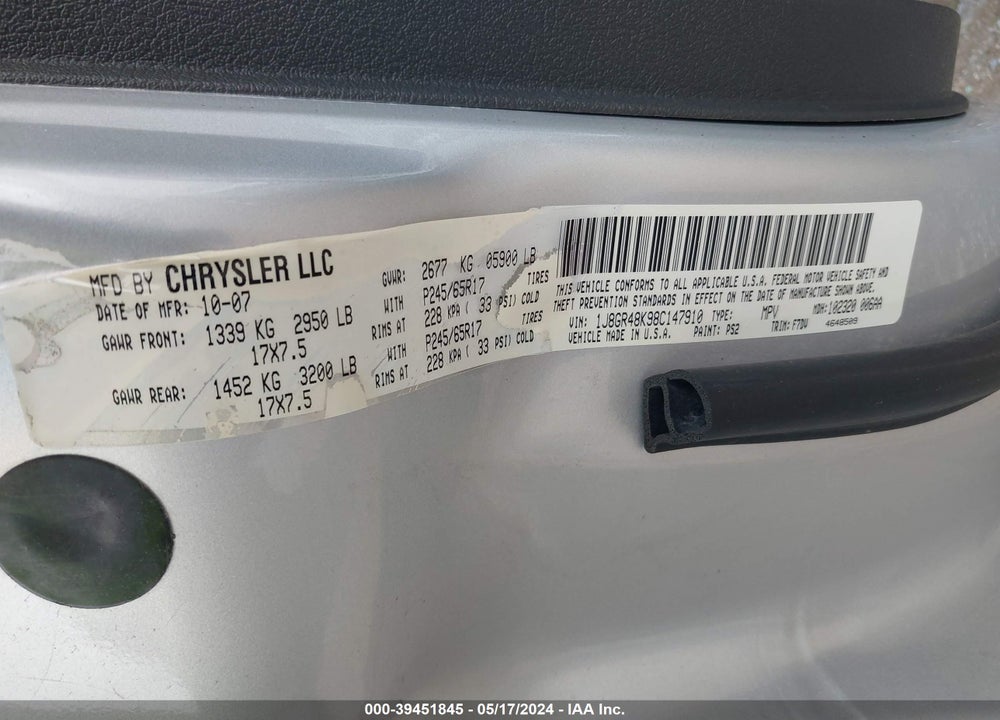 2008 JEEP GRAND CHEROKEE LAREDO VIN: 1J8GR48K98C147910