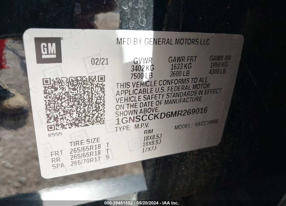 2021 CHEVROLET SUBURBAN 2WD LT VIN: 1GNSCCKD6MR269016