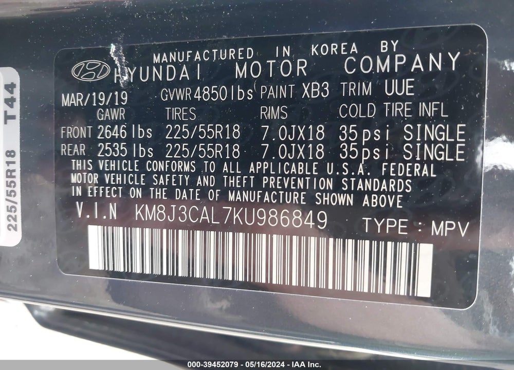 2019 HYUNDAI TUCSON SEL VIN: KM8J3CAL7KU986849