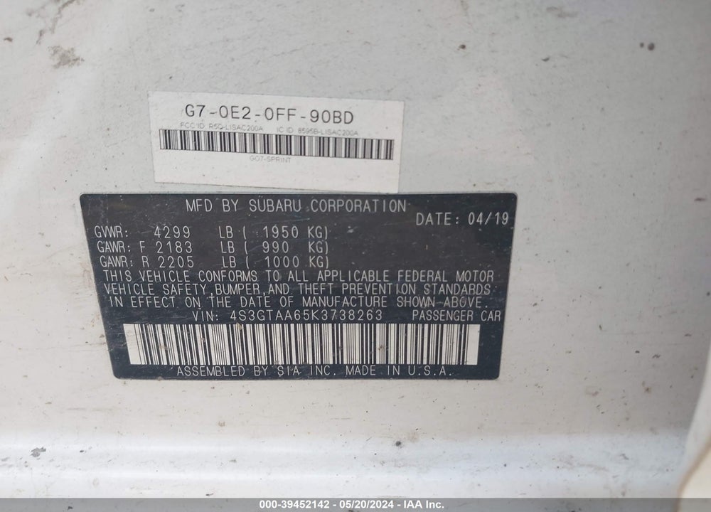 2019 SUBARU IMPREZA 2.0I VIN: 4S3GTAA65K3738263