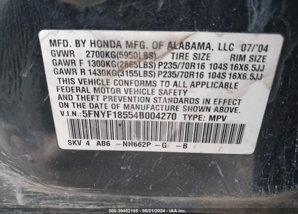 2004 HONDA PILOT EX-L VIN: 5FNYF18554B004270