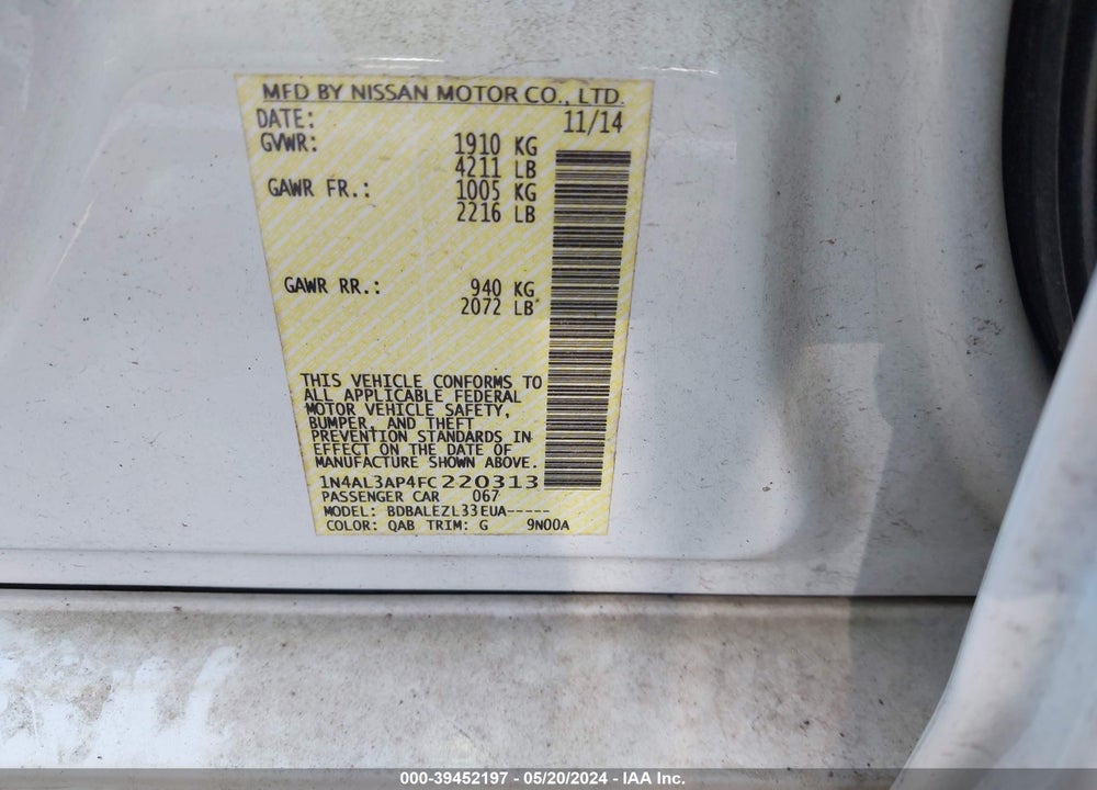 2015 NISSAN ALTIMA 2.5 S VIN: 1N4AL3AP4FC220313