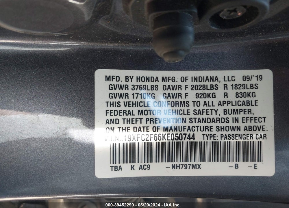 2019 HONDA CIVIC LX VIN: 19XFC2F66KE050744
