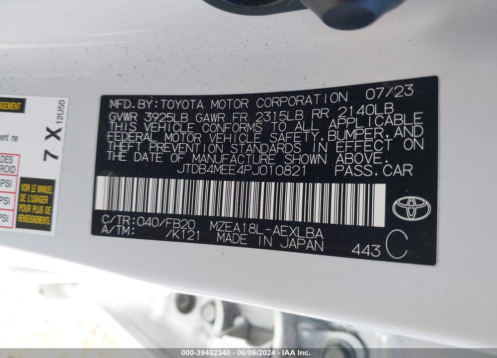 2023 TOYOTA COROLLA LE VIN: JTDB4MEE4PJ010821