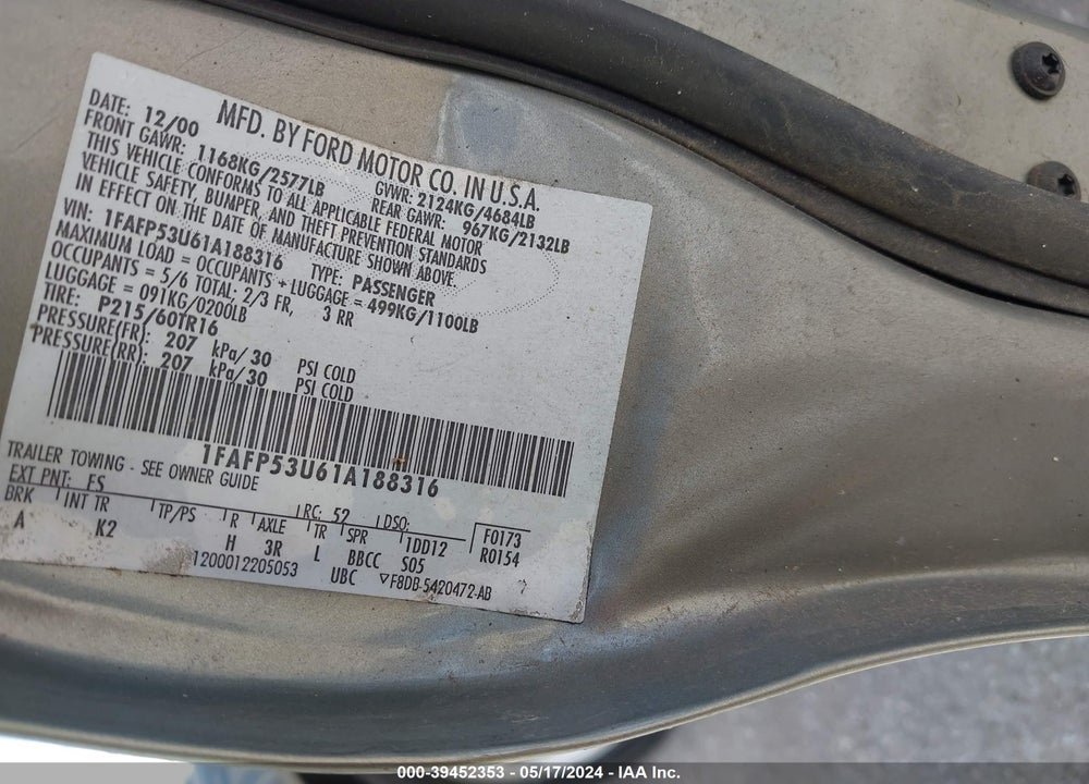 2001 FORD TAURUS SE VIN: 1FAFP53U61A188316