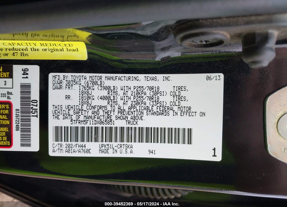 2013 TOYOTA TUNDRA GRADE 4.6L V8 VIN: 5TFRM5F11DX065851