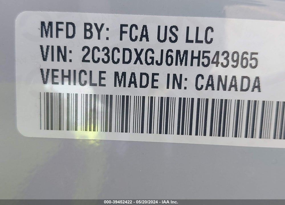 2021 DODGE CHARGER SCAT PACK RWD VIN: 2C3CDXGJ6MH543965