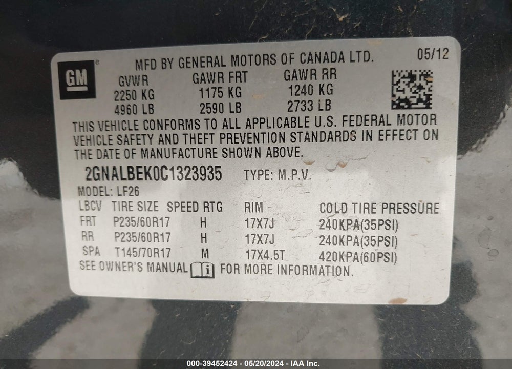 2012 CHEVROLET EQUINOX LS VIN: 2GNALBEK0C1323935