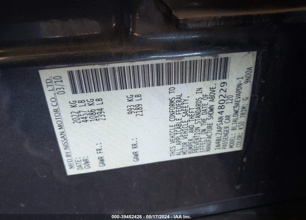 2010 NISSAN ALTIMA 3.5 SR VIN: 1N4BL2AP5AN480229