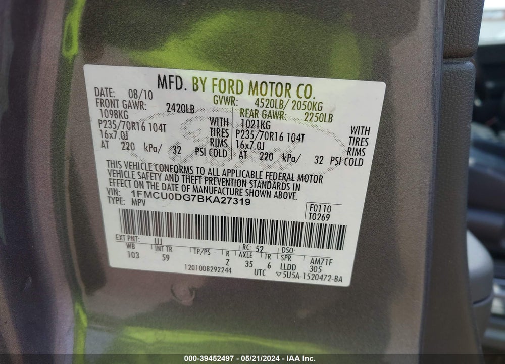 2011 FORD ESCAPE XLT VIN: 1FMCU0DG7BKA27319