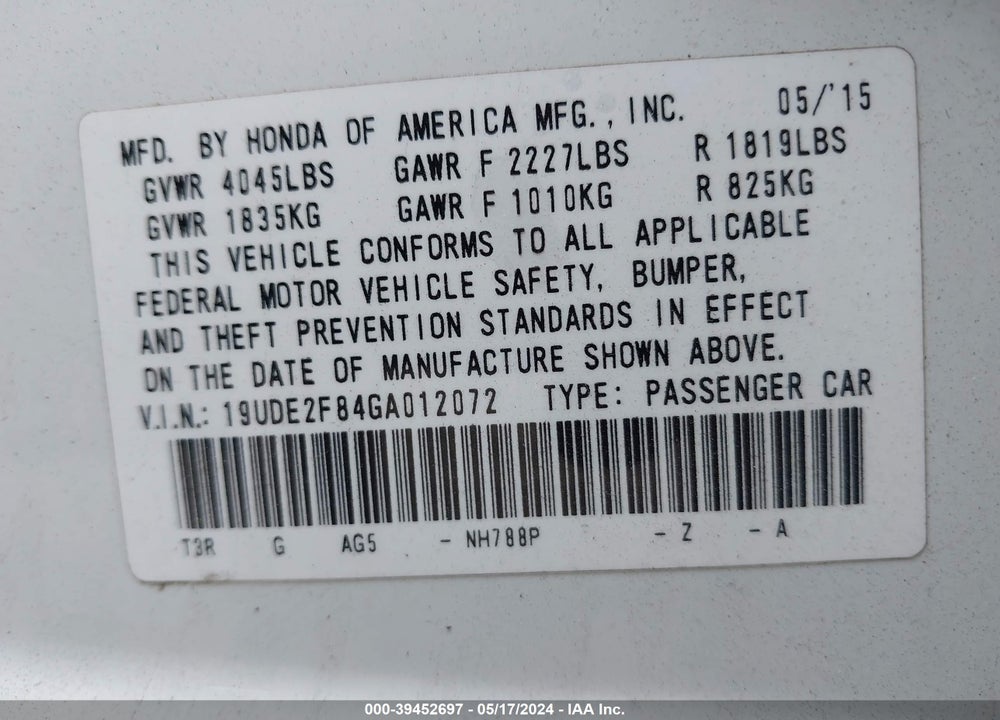 2016 ACURA ILX PREMIUM A-SPEC PACKAGES/TECHNOLOGY PLUS A-SPEC PACKAGES VIN: 19UDE2F84GA012072