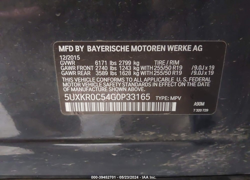 2016 BMW X5 XDRIVE35I VIN: 5UXKR0C54G0P33165