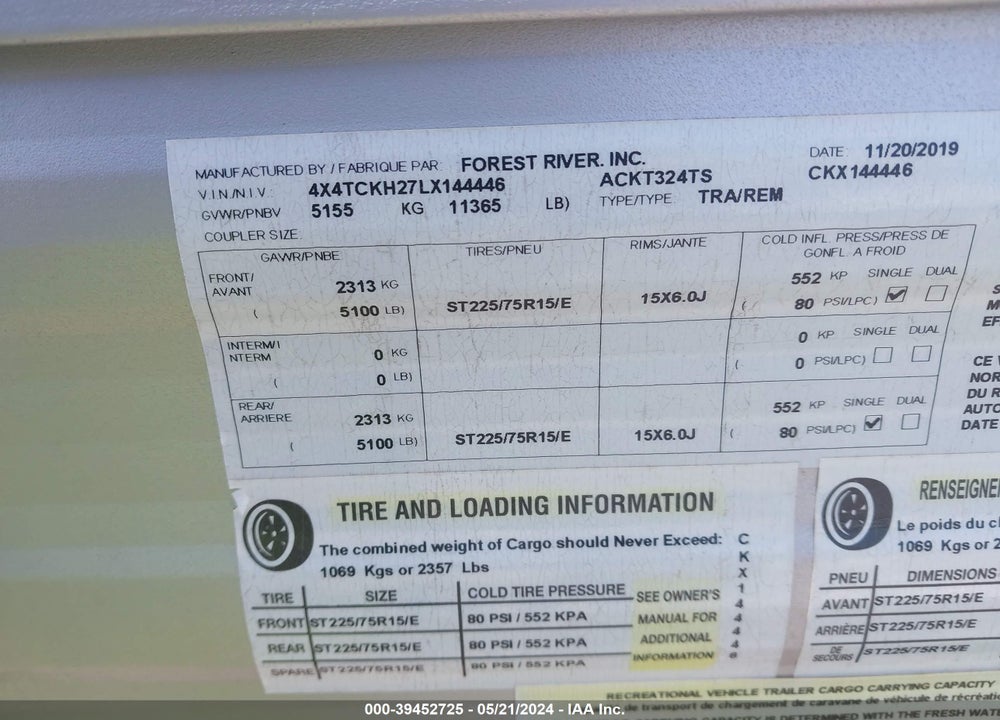 2020 FOREST RIVER CHEROKEE VIN: 4X4TCKH27LX144446