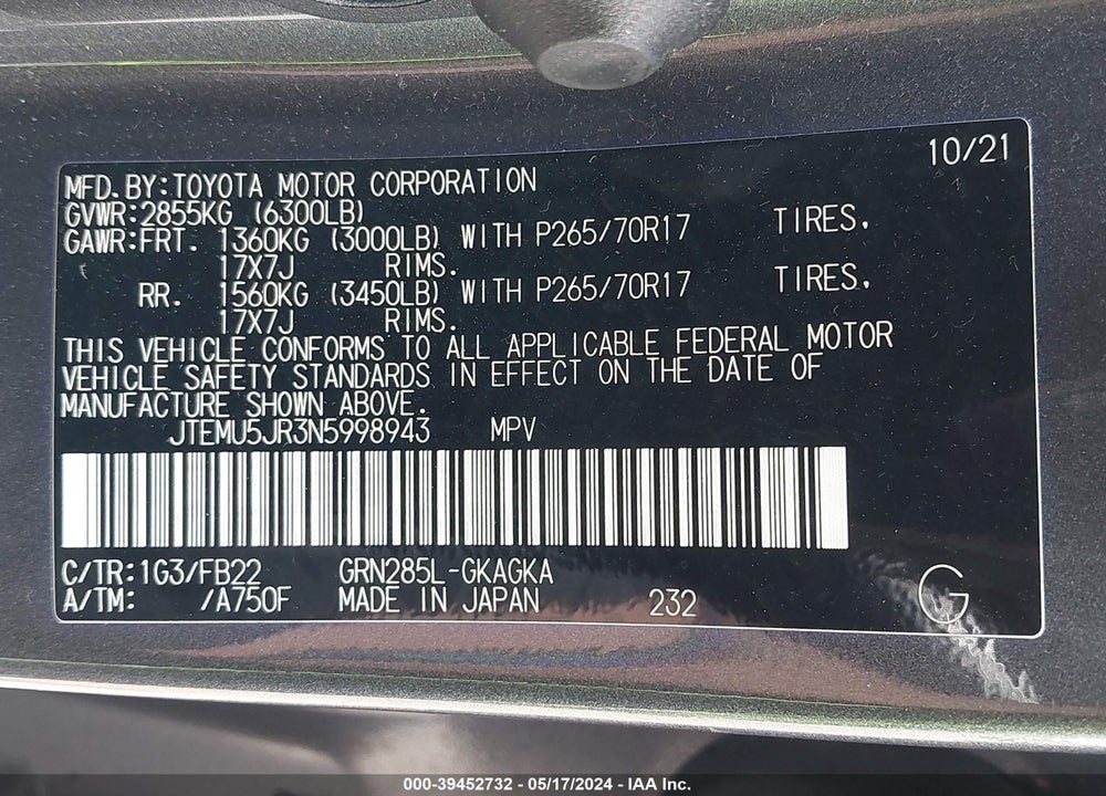 2022 TOYOTA 4RUNNER SR5 VIN: JTEMU5JR3N5998943