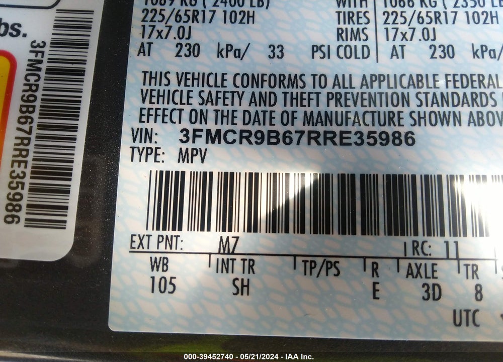 2024 FORD BRONCO SPORT BIG BEND VIN: 3FMCR9B67RRE35986