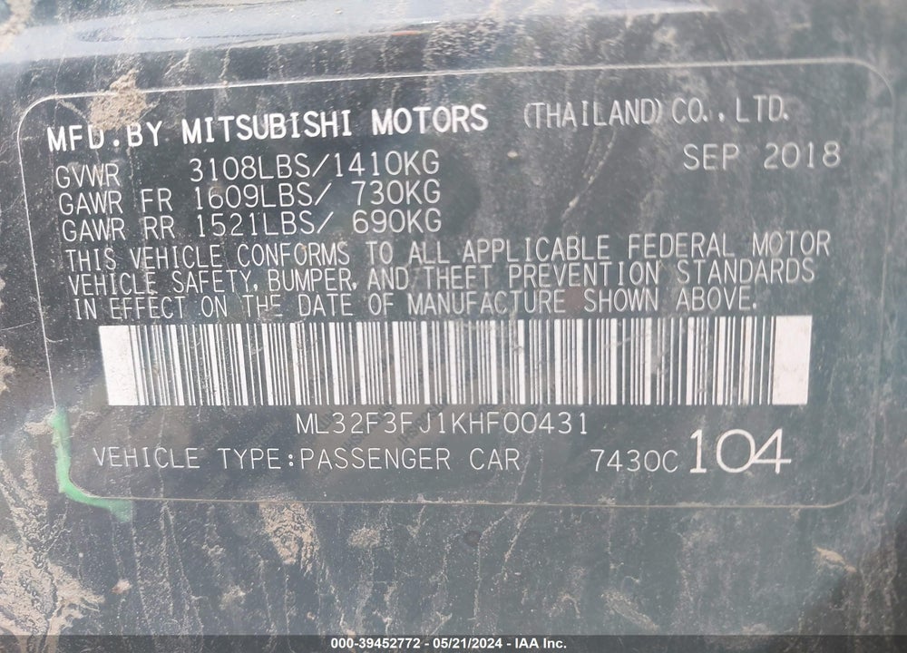 2019 MITSUBISHI MIRAGE G4 ES VIN: ML32F3FJ1KHF00431